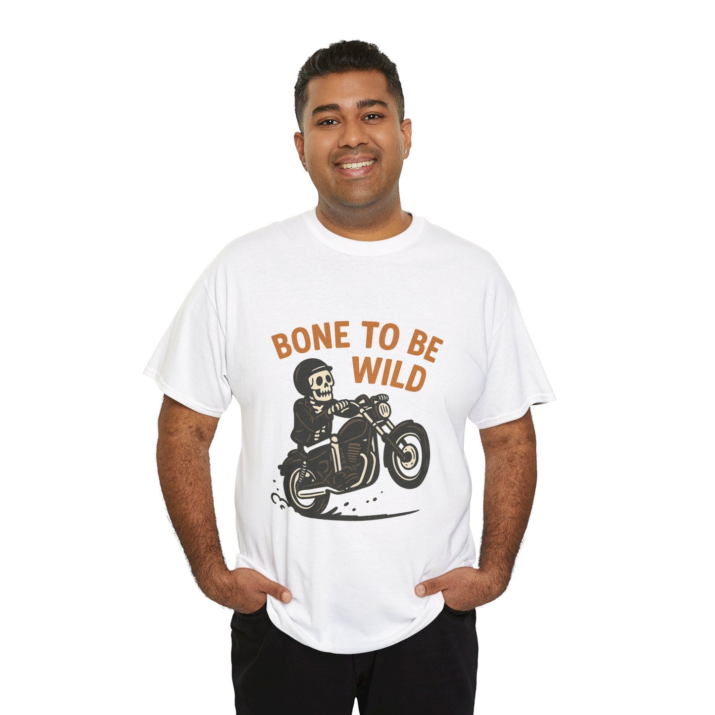 Motorcycle Tee, Bone to Be Wild Halloween Cool Bike Vibe Unisex Heavy Cotton