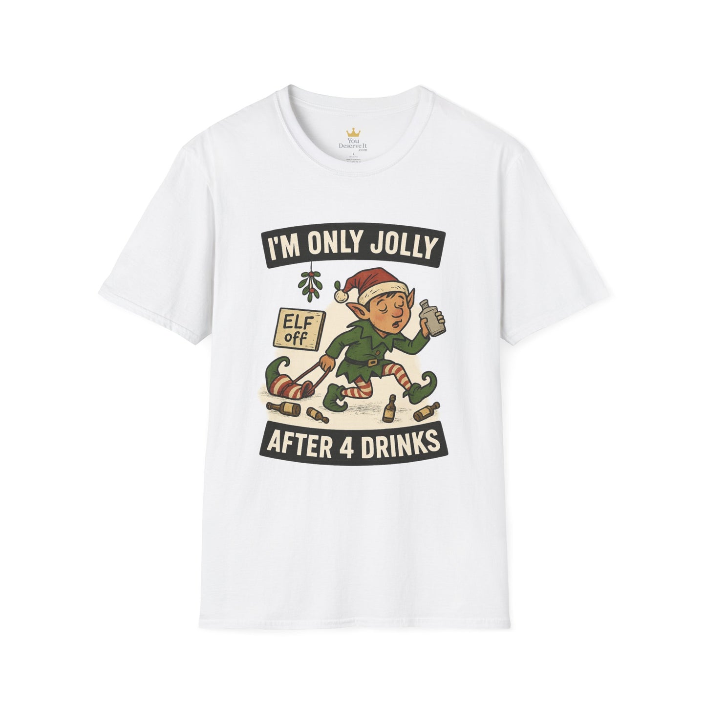 Funny Drunk Elf Christmas Shirt | "I'm Only Jolly After 4 Drinks" Holiday Humor Tee | Naughty Elf Party T-Shirt, Boozy Xmas Graphic Tee