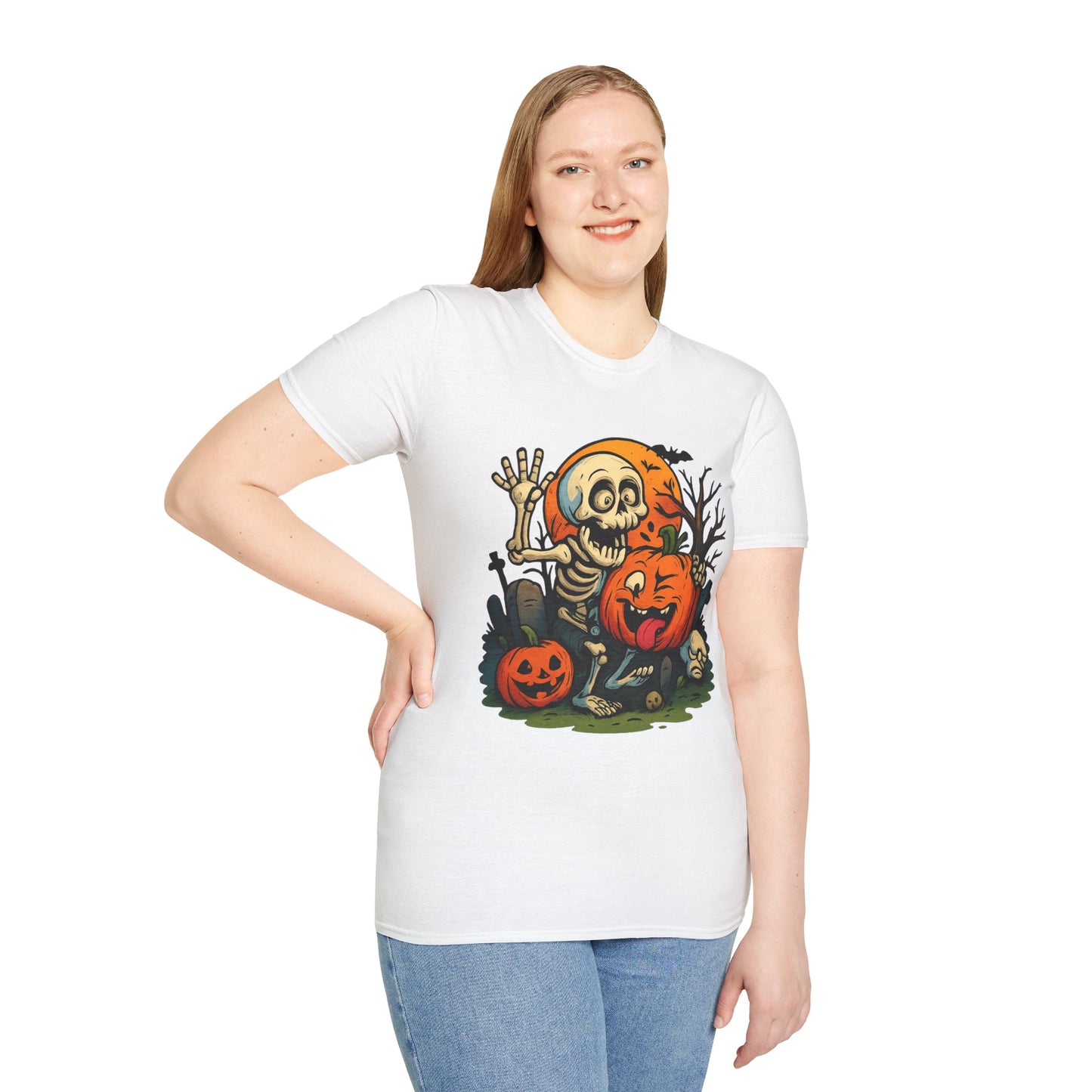 Funny Halloween Skeleton & Pumpkin T-Shirt – Cute Spooky Comic Design