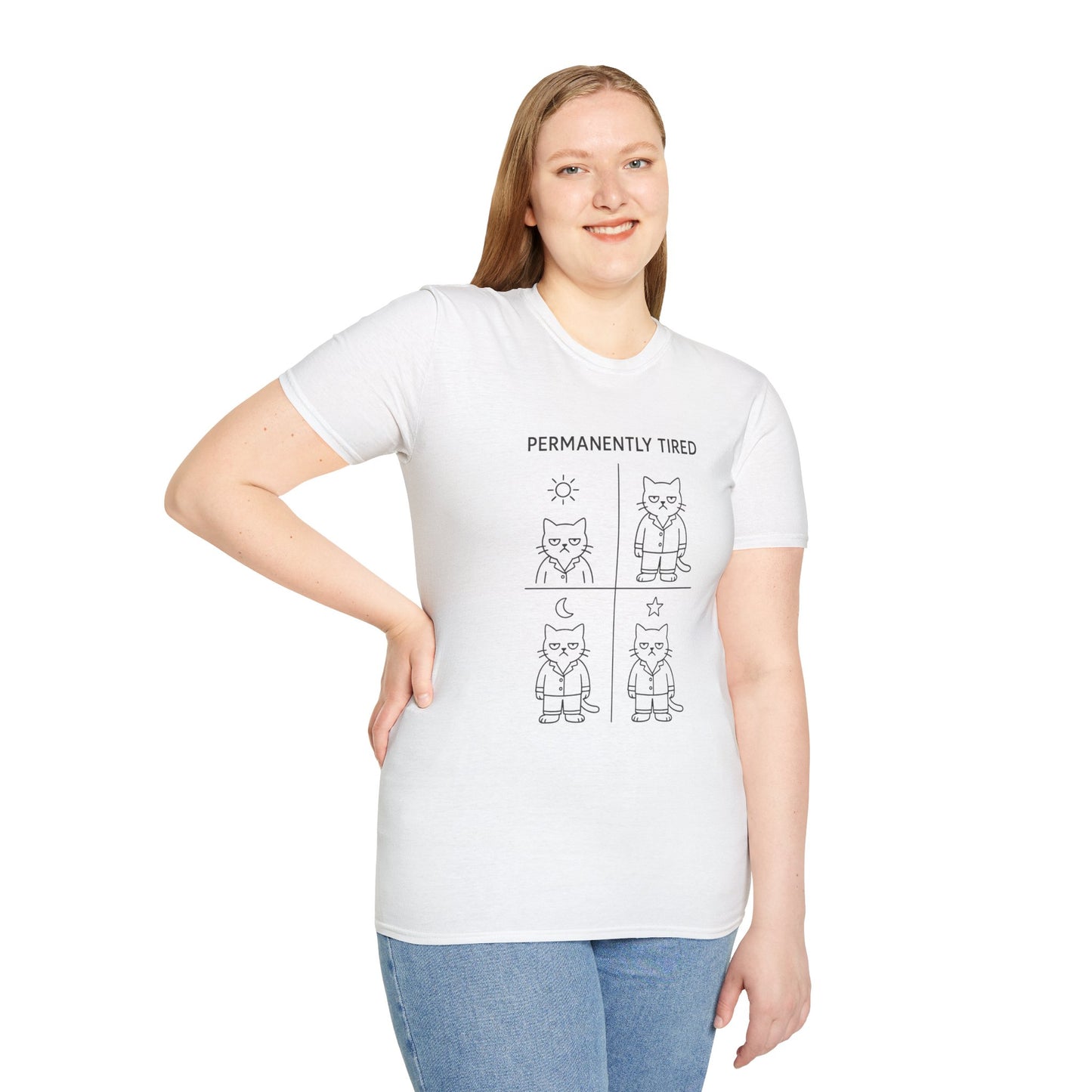 Permanently Tired Grumpy Cat T-Shirt | Minimalist Line Art Pajama Kitty | Unisex Softstyle T-Shirt
