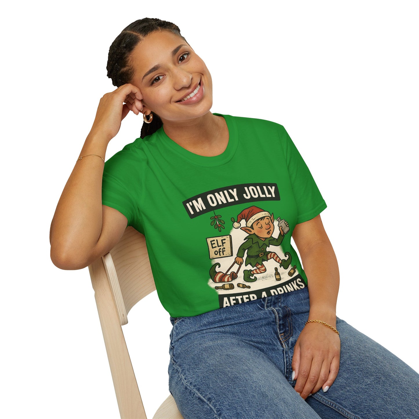 Funny Drunk Elf Christmas Shirt | "I'm Only Jolly After 4 Drinks" Holiday Humor Tee | Naughty Elf Party T-Shirt, Boozy Xmas Graphic Tee