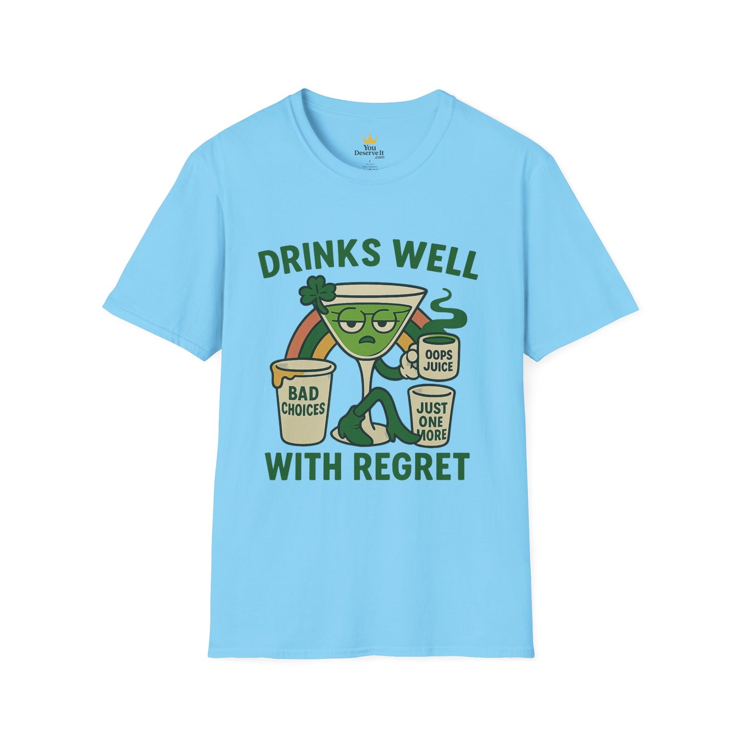 Drinks Well With Regret | Funny St. Patrick's Day Tee | Sarcastic Drinking Shirt, Bad Decisions Graphic T-Shirt for Party Lovers