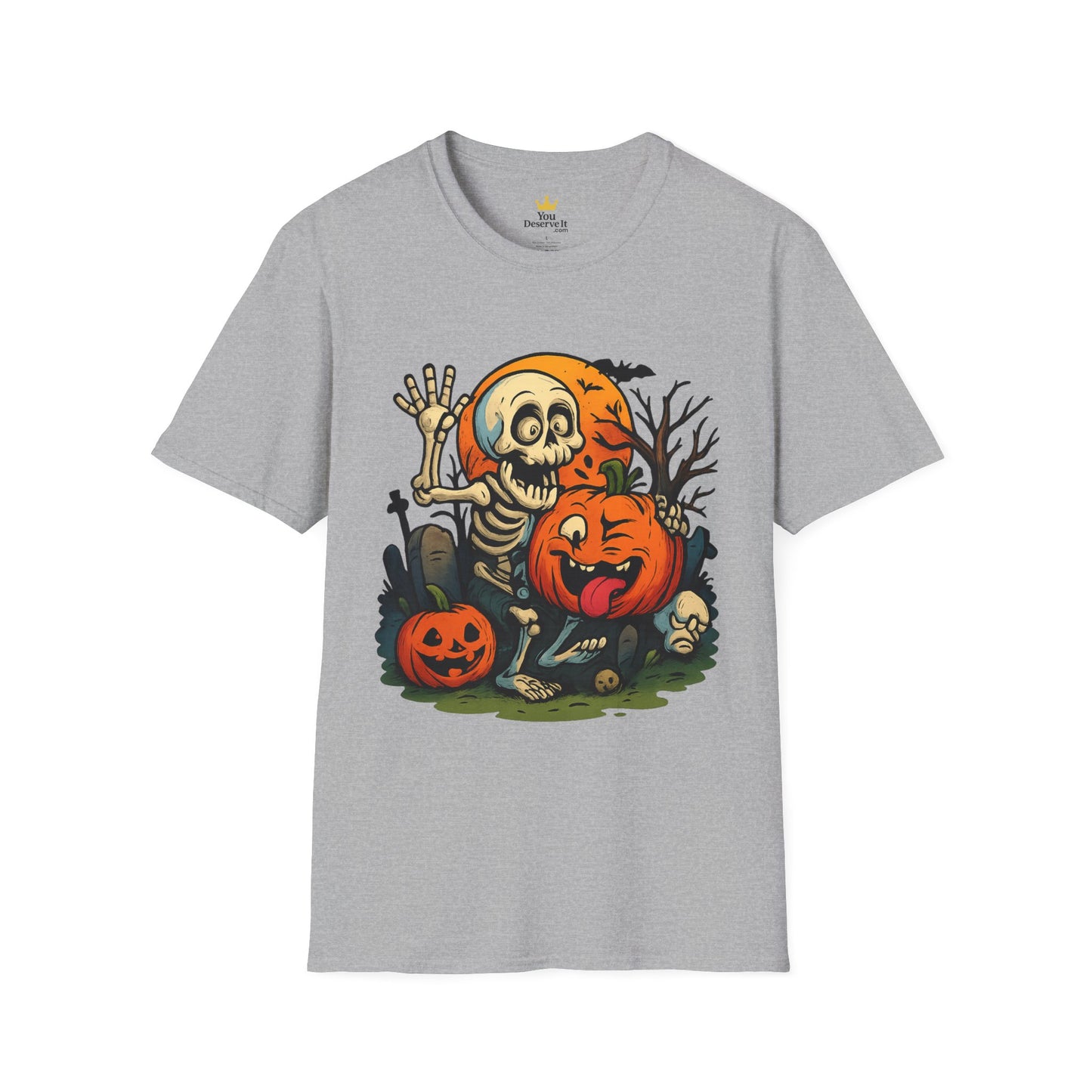 Funny Halloween Skeleton & Pumpkin T-Shirt – Cute Spooky Comic Design