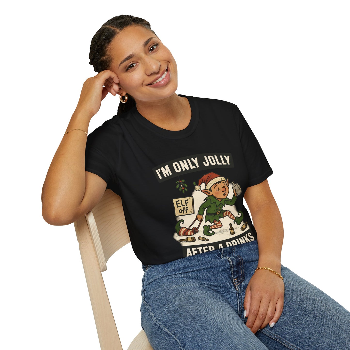 Funny Drunk Elf Christmas Shirt | "I'm Only Jolly After 4 Drinks" Holiday Humor Tee | Naughty Elf Party T-Shirt, Boozy Xmas Graphic Tee