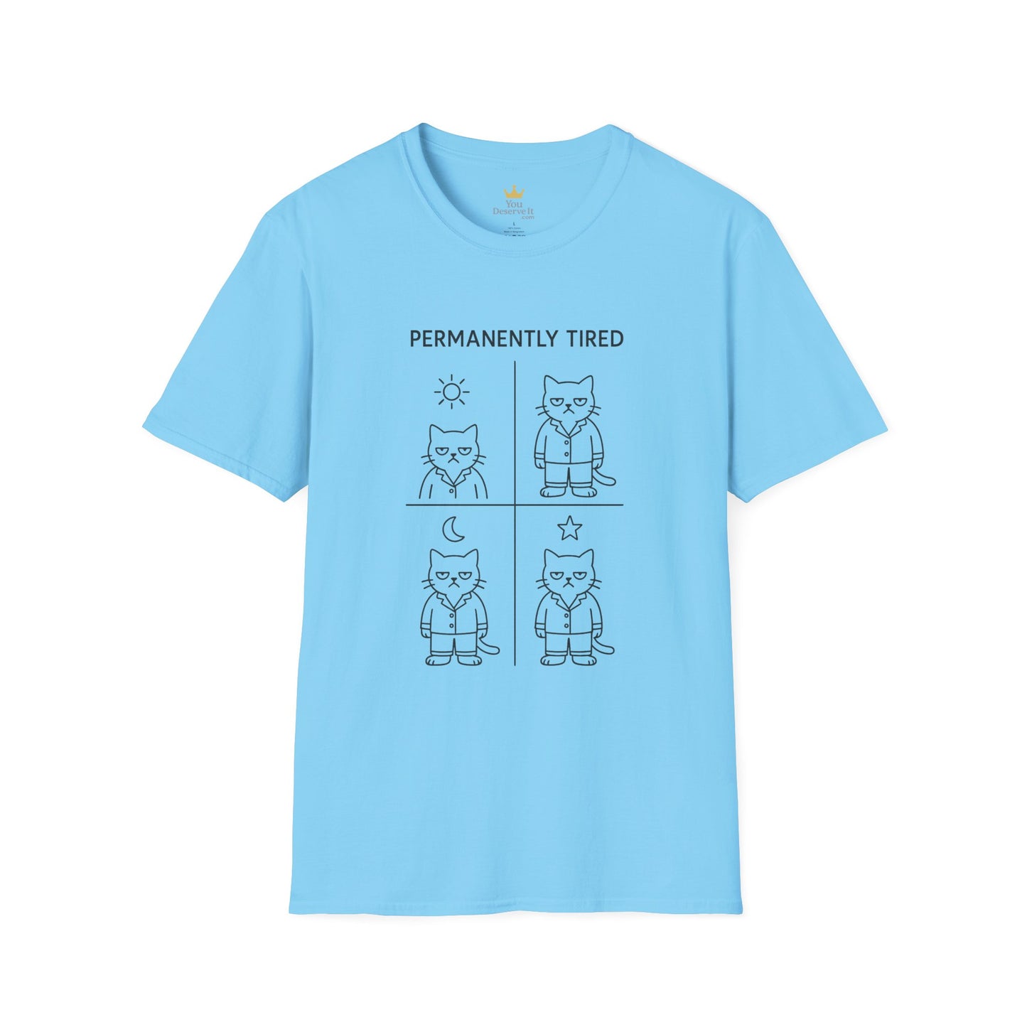 Permanently Tired Grumpy Cat T-Shirt | Minimalist Line Art Pajama Kitty | Unisex Softstyle T-Shirt
