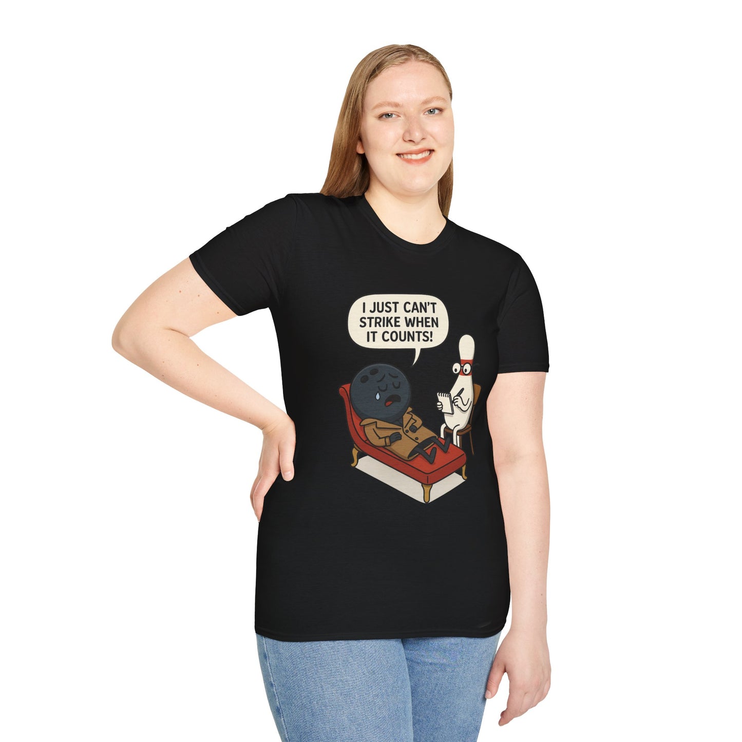 Funny Bowling T-Shirt | "I Just Can't Strike When It Counts!" Therapy Cartoon Tee