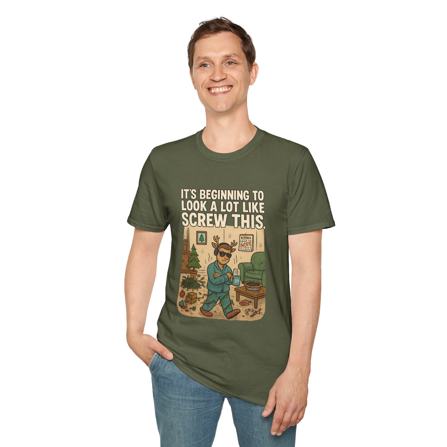 Grumpy Reindeer Christmas Shirt | "It's Beginning to Look a Lot Like Screw This" Funny Holiday Pajama Tee | Introvert Christmas Graphic Tee