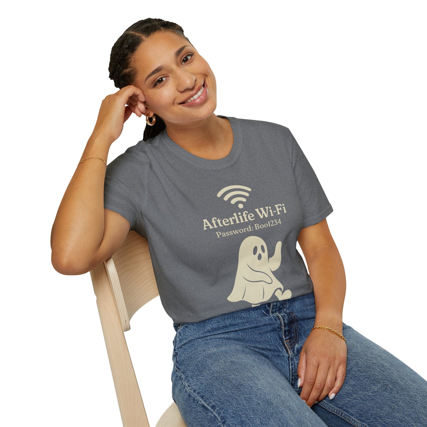 Afterlife Wi-Fi Ghost Tee | Funny Halloween Shirt with "Boo1234" Password