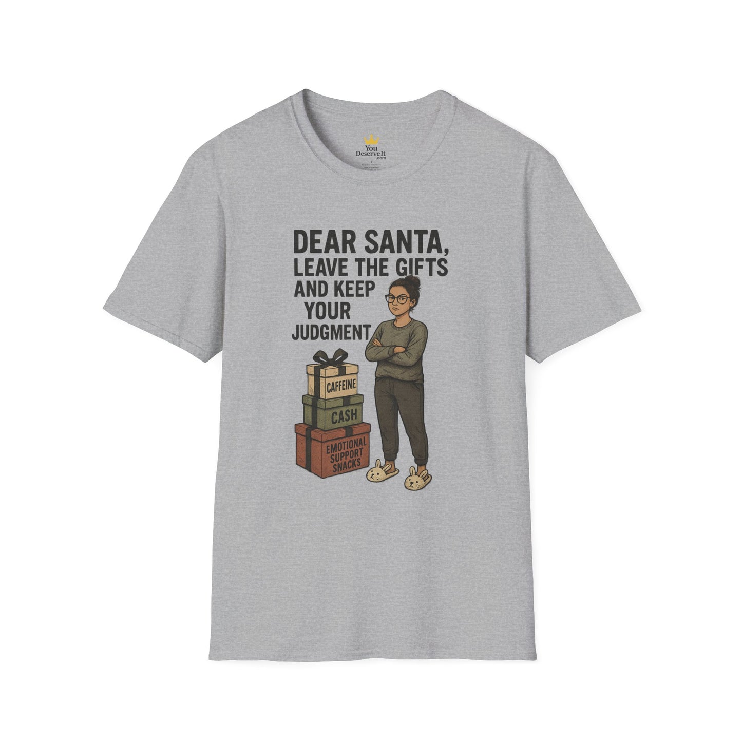 Dear Santa Leave the Gifts Shirt | Funny Christmas Pajama Tee | Sass & Snacks Holiday Graphic | Caffeine Cash Emotional Support T-Shirt
