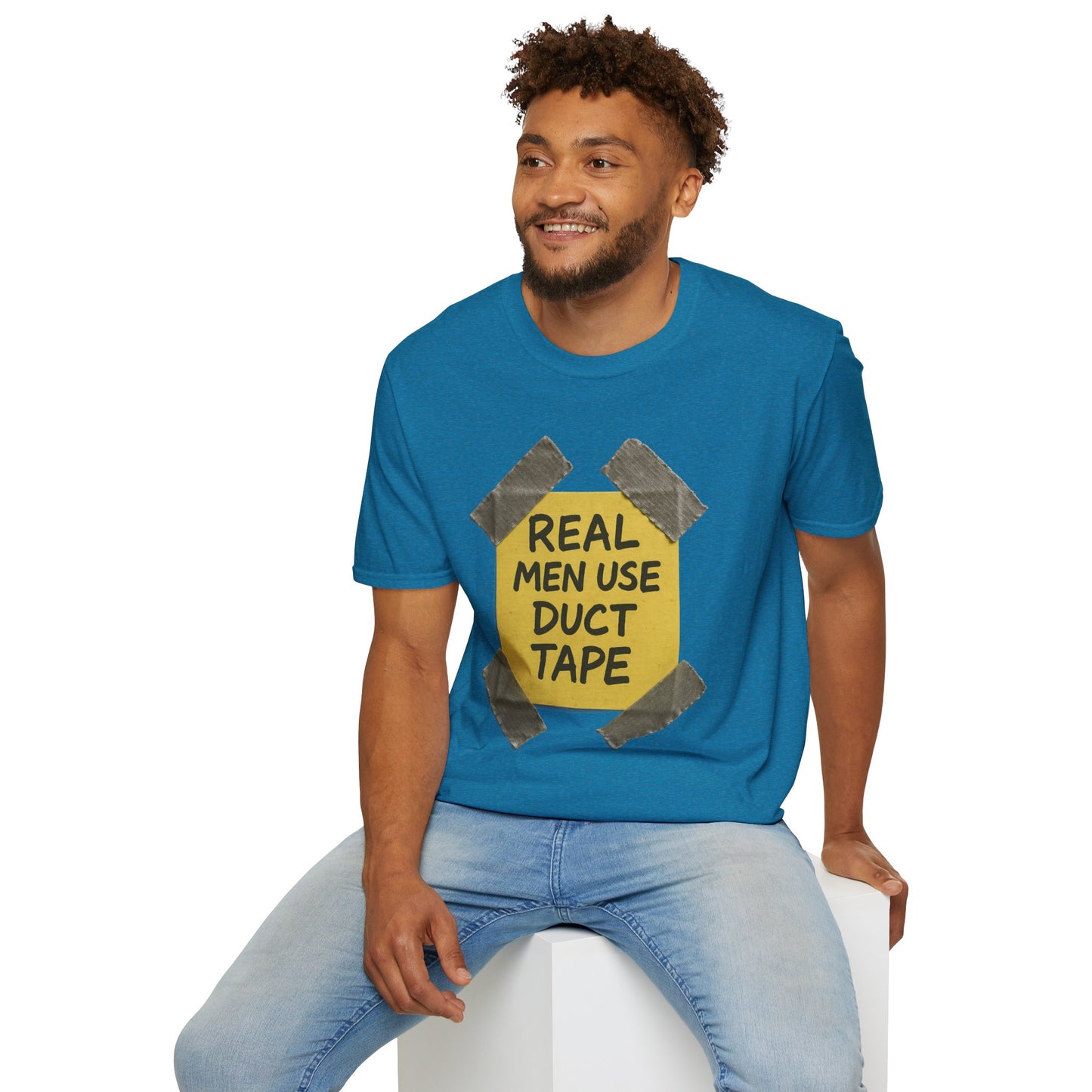 Real Men Use Duct Tape™ Funny Sticky Note T-Shirt – Bold DIY Humor Tee, Casual Wear, Handy Man Shirt, Great for Father's Day