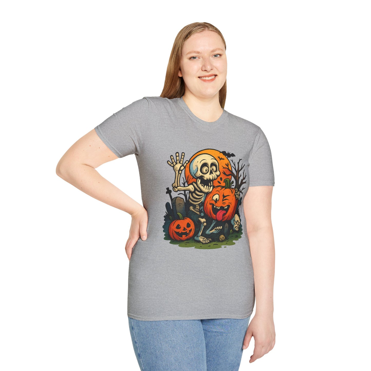 Funny Halloween Skeleton & Pumpkin T-Shirt – Cute Spooky Comic Design