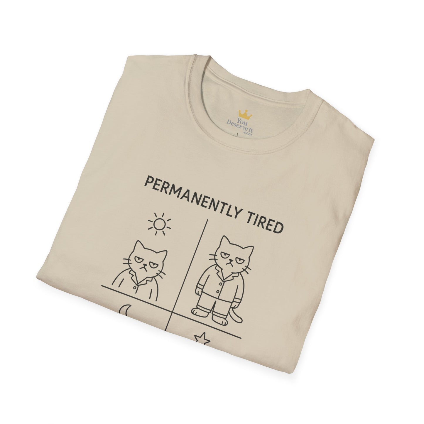 Permanently Tired Grumpy Cat T-Shirt | Minimalist Line Art Pajama Kitty | Unisex Softstyle T-Shirt