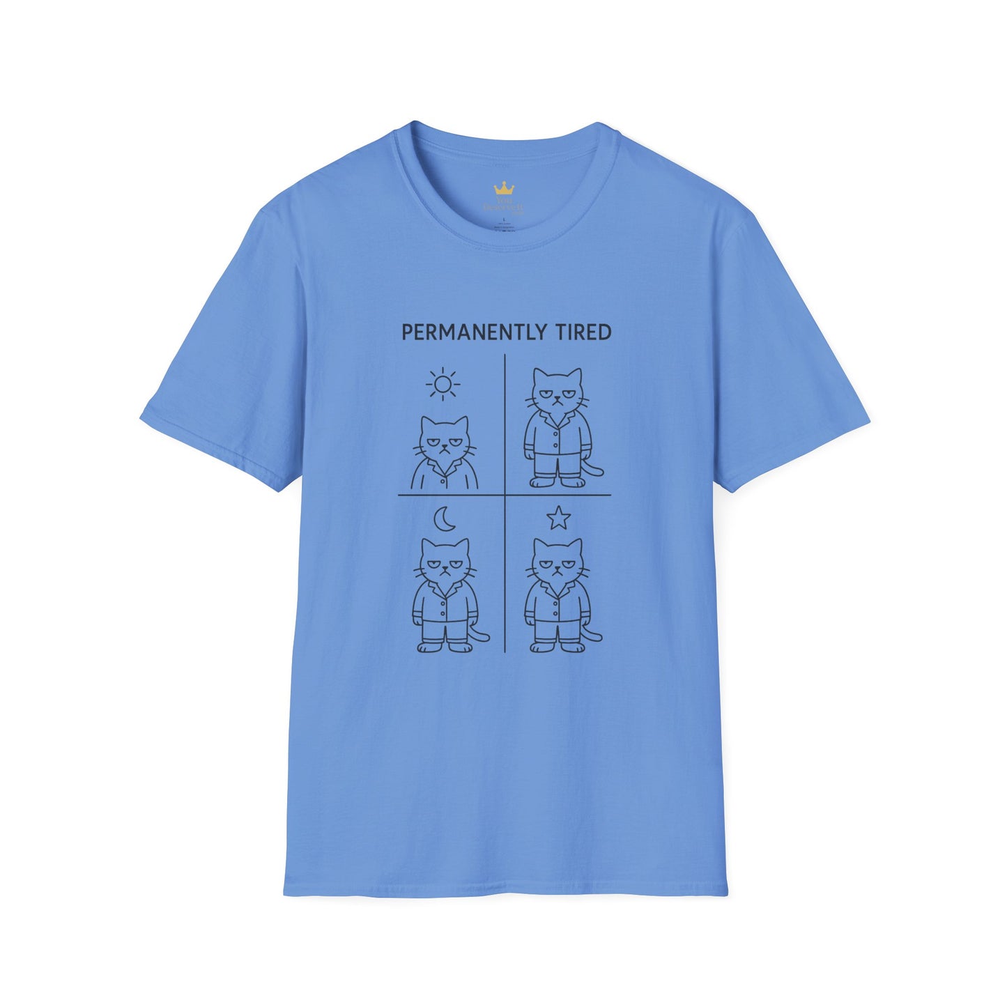 Permanently Tired Grumpy Cat T-Shirt | Minimalist Line Art Pajama Kitty | Unisex Softstyle T-Shirt