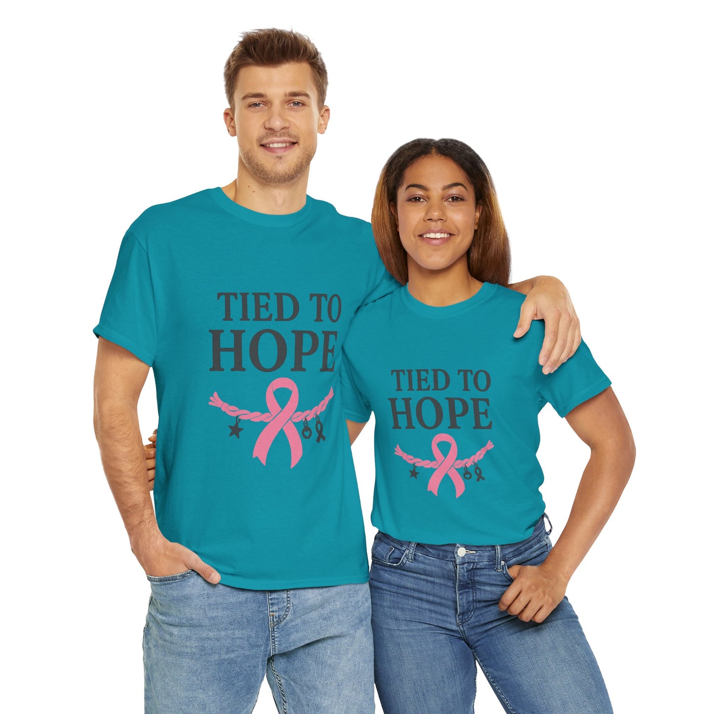 Tied to Hope Shirt | Breast Cancer Awareness Tee with Ribbon and Charms | Support & Survivor T-Shirt