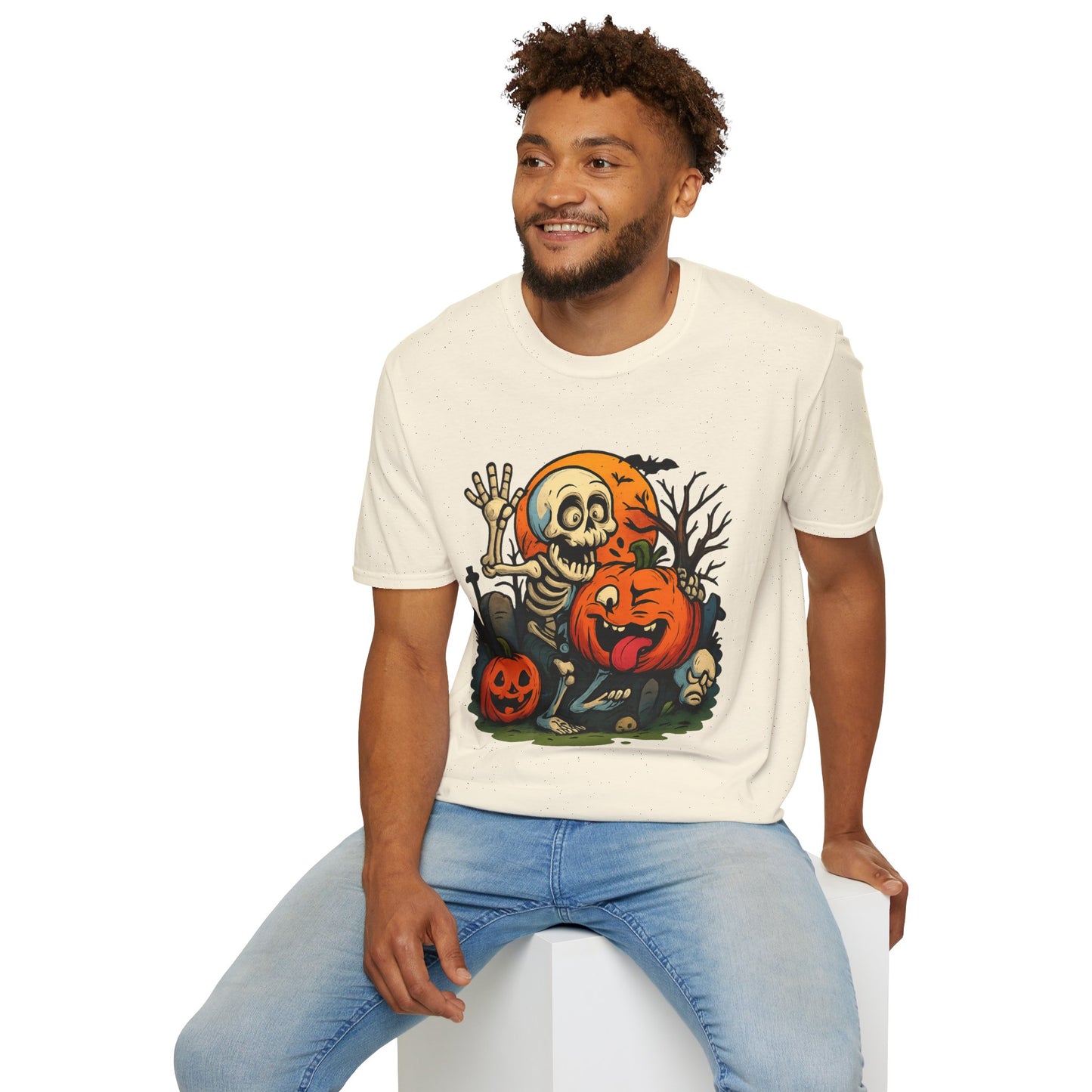 Funny Halloween Skeleton & Pumpkin T-Shirt – Cute Spooky Comic Design