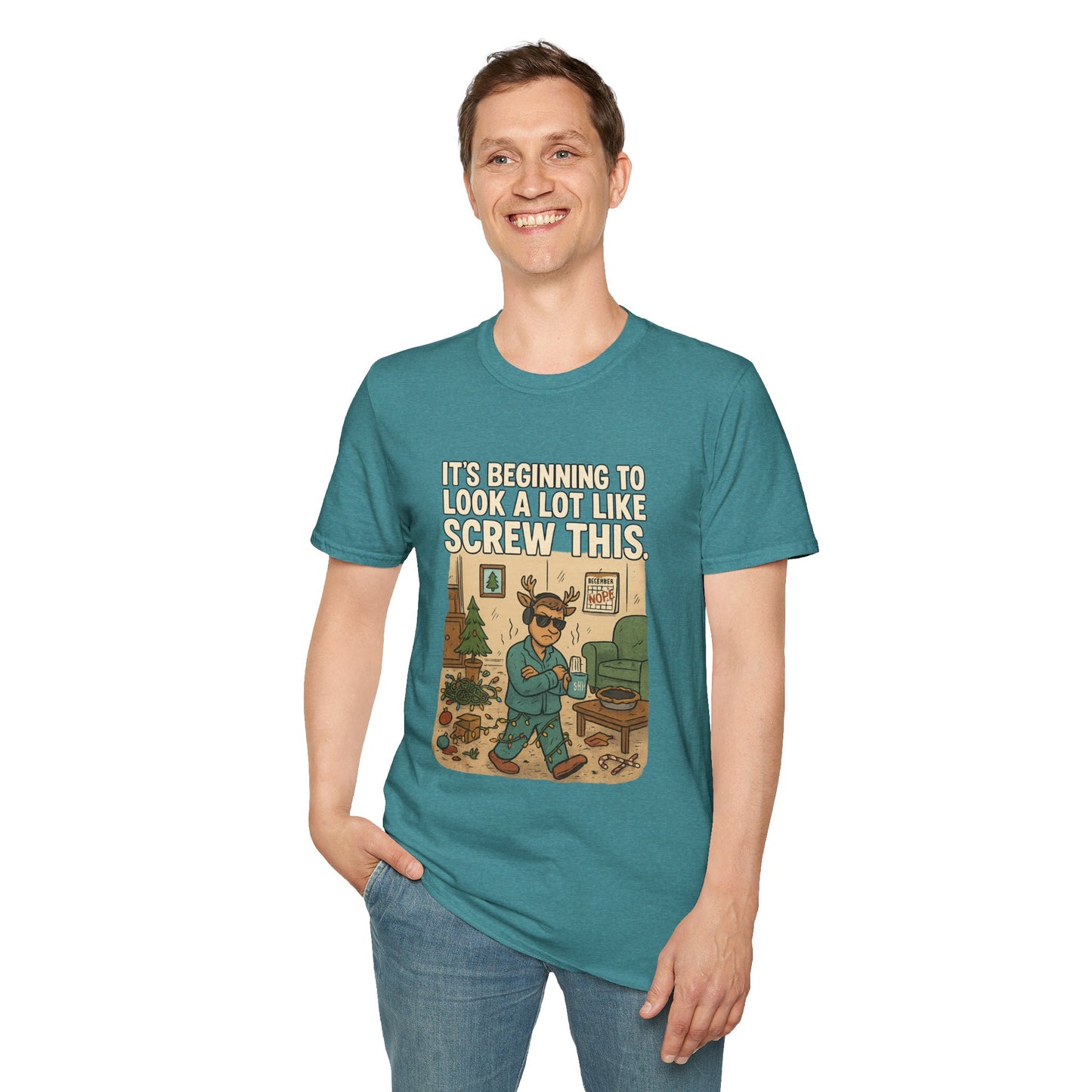 Grumpy Reindeer Christmas Shirt | "It's Beginning to Look a Lot Like Screw This" Funny Holiday Pajama Tee | Introvert Christmas Graphic Tee