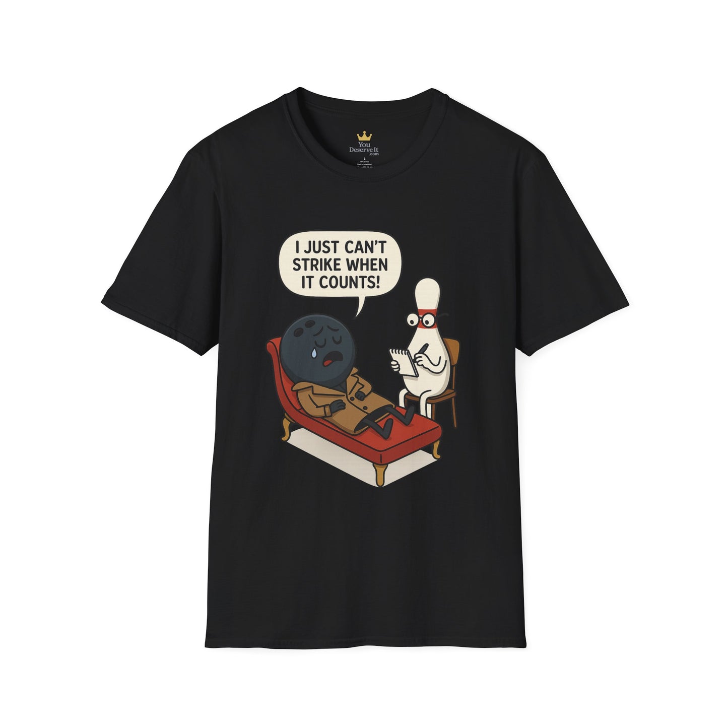 Funny Bowling T-Shirt | "I Just Can't Strike When It Counts!" Therapy Cartoon Tee