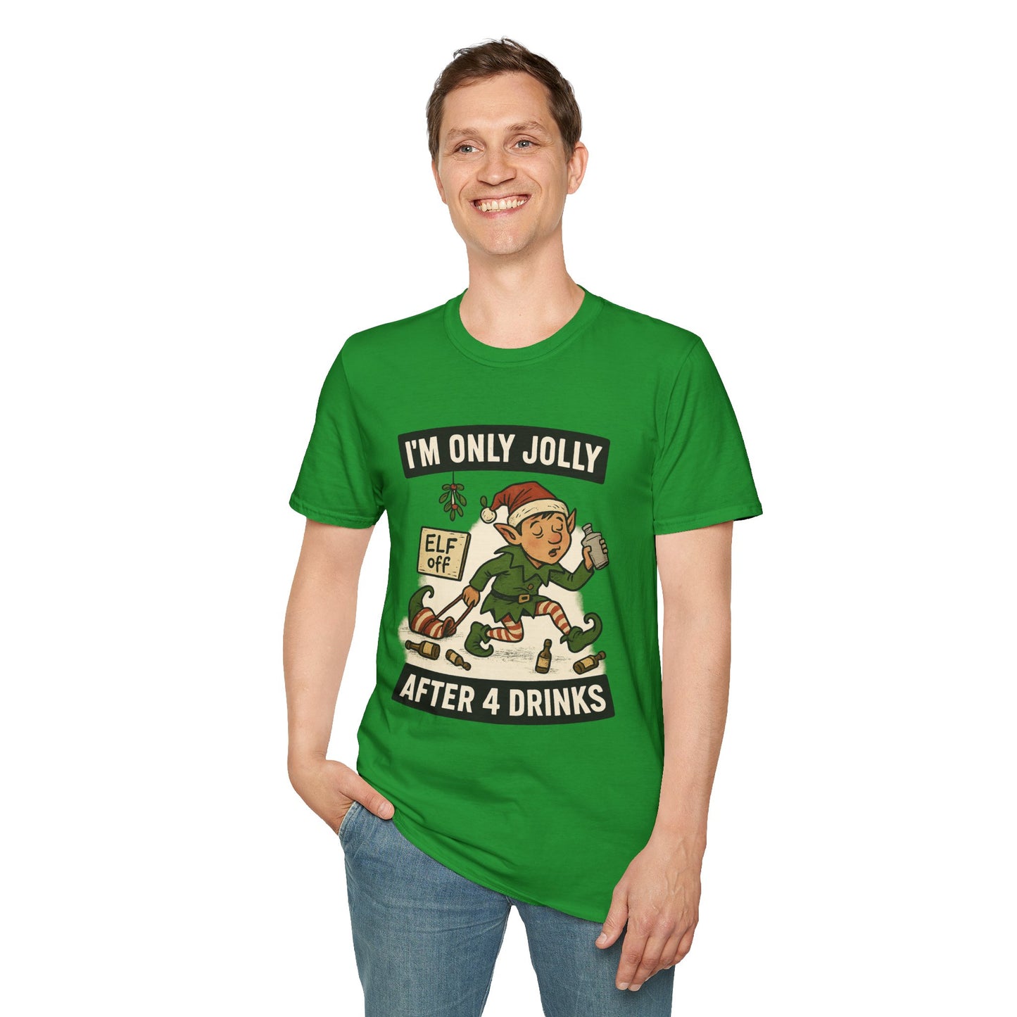 Funny Drunk Elf Christmas Shirt | "I'm Only Jolly After 4 Drinks" Holiday Humor Tee | Naughty Elf Party T-Shirt, Boozy Xmas Graphic Tee