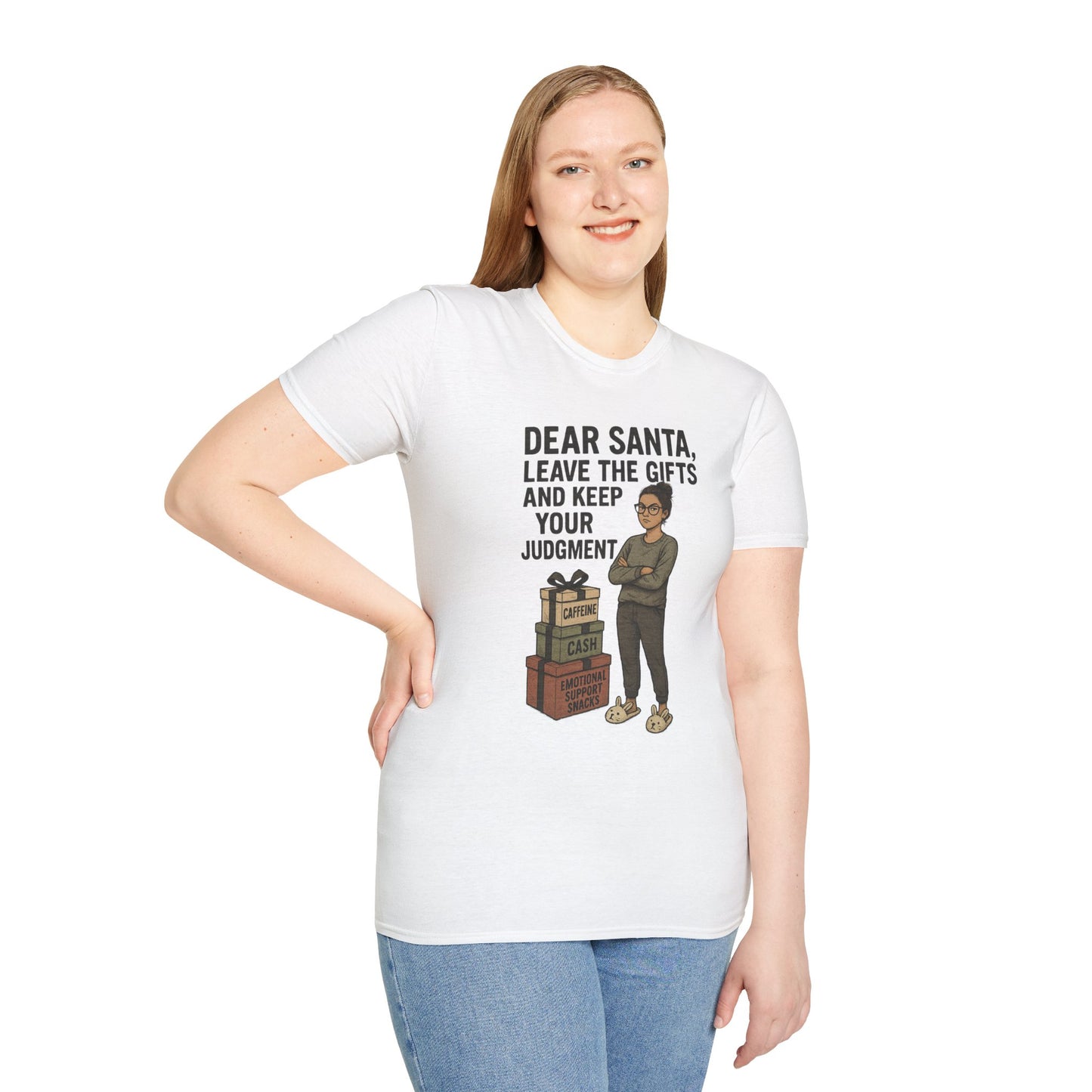 Dear Santa Leave the Gifts Shirt | Funny Christmas Pajama Tee | Sass & Snacks Holiday Graphic | Caffeine Cash Emotional Support T-Shirt