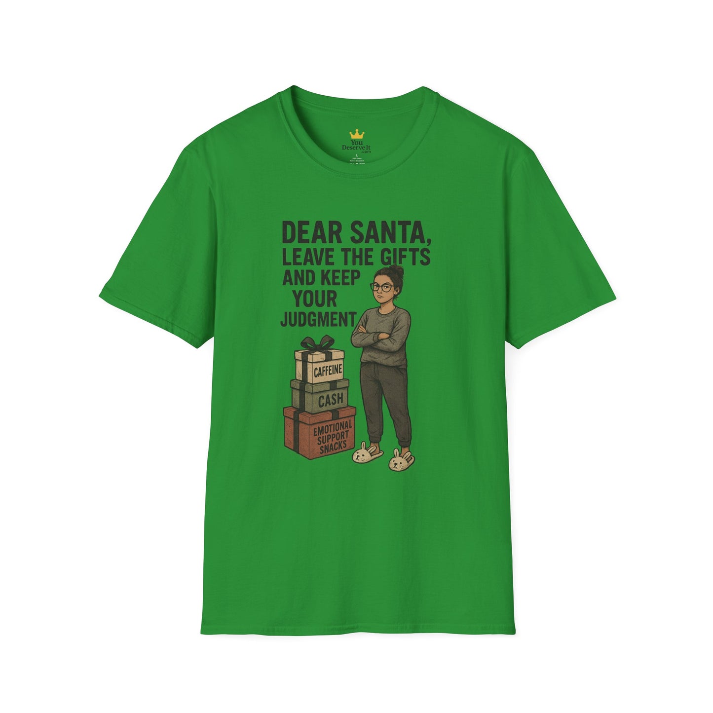 Dear Santa Leave the Gifts Shirt | Funny Christmas Pajama Tee | Sass & Snacks Holiday Graphic | Caffeine Cash Emotional Support T-Shirt