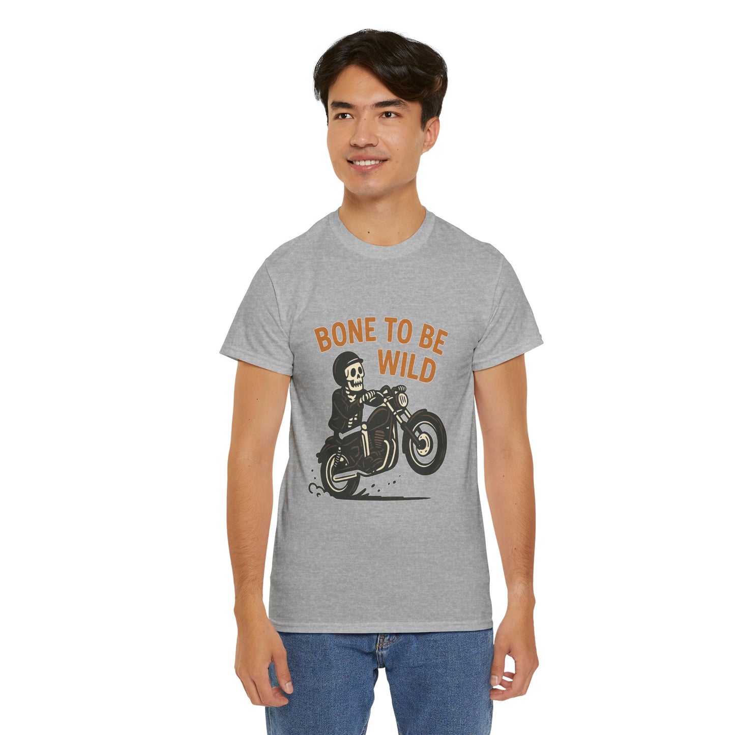 Motorcycle Tee, Bone to Be Wild Halloween Cool Bike Vibe Unisex Heavy Cotton